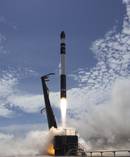 The 'Still Testing' Electron rocket leaving the launch pad at Mahia. Photo/Supplied