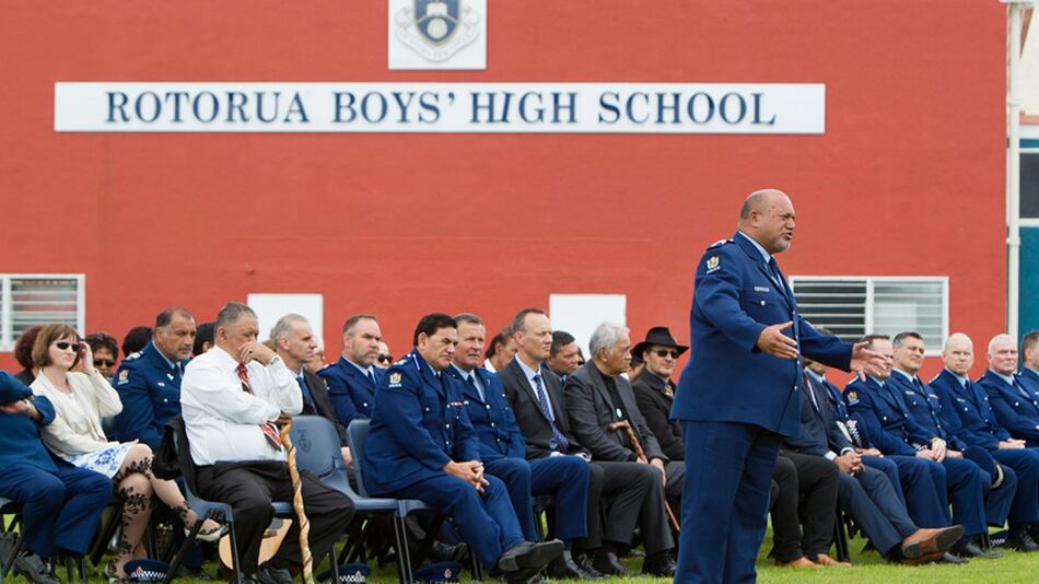 Sergeant Kim Ratapu at the launch for a new school police studies course at Rotorua Boys' High School. Photo/Ben Fraser