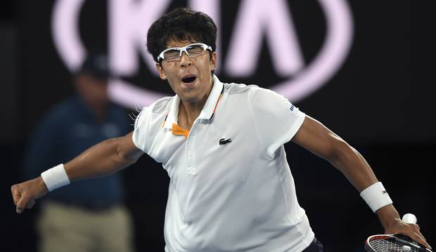South Korea's Chung Hyeon reacts after winning a point against Serbia's Novak Djokovic. Photo / AP