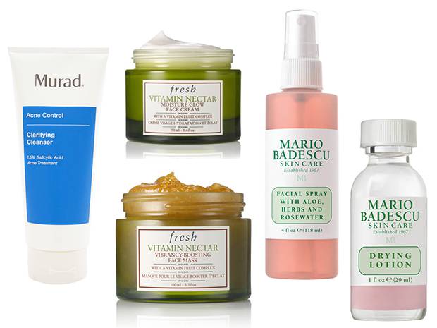 From left to right: Murad Clarifying Cleanser ($30), Fresh Vitamin Nectar Moisture Glow Face Cream ($42), Fresh Fresh Vitamin Nectar Vibrancy-Boosting Face Mask ($25), Mario Badescu Drying Lotion ($17) and Mario Badescu Facial Spray with Aloe, Herbs and Rosewater ($7). Photo / Supplied