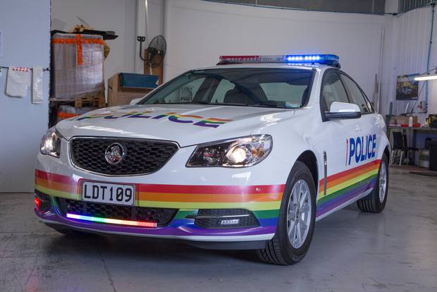 This police patrol car has been decked out in rainbow colours to support the Auckland Pride Festival. Photo / NZ Police 