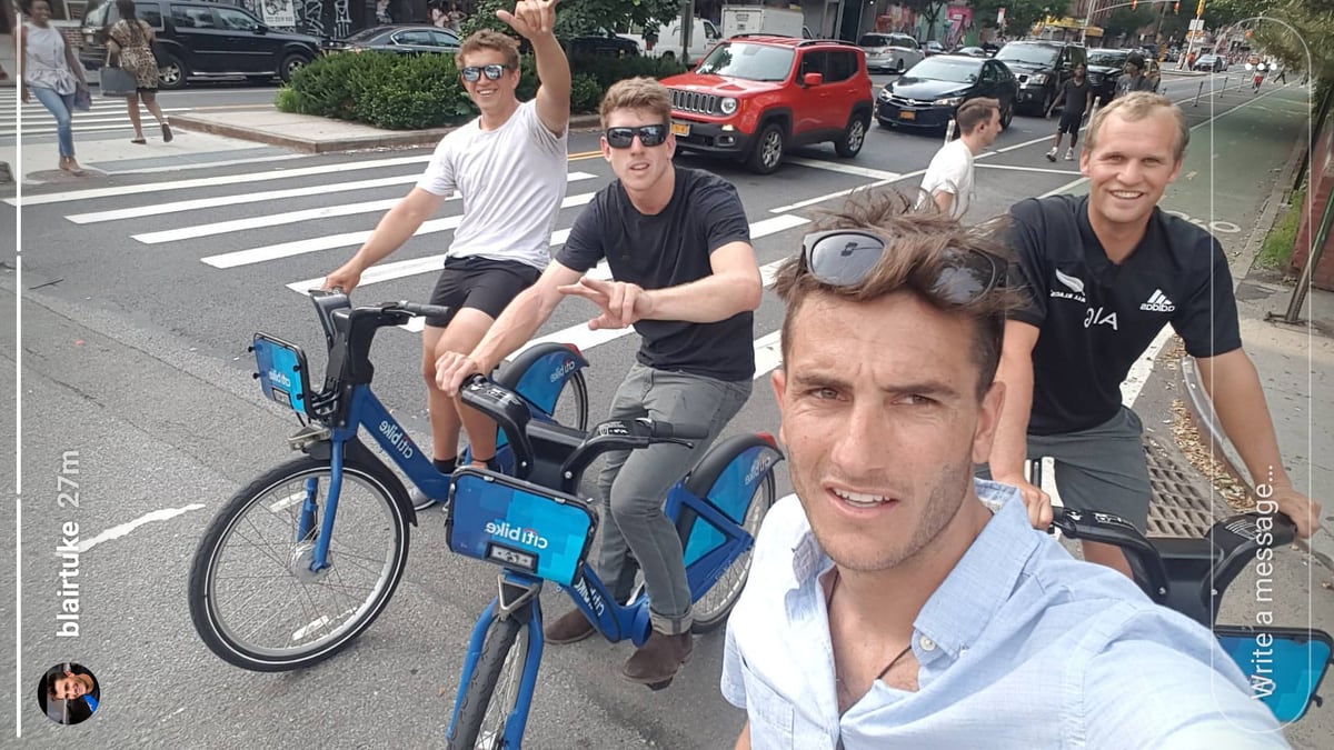 Team New Zealand's Peter Burling, Blair Tuke, Andy Maloney and Josh Junior cycle in New York City