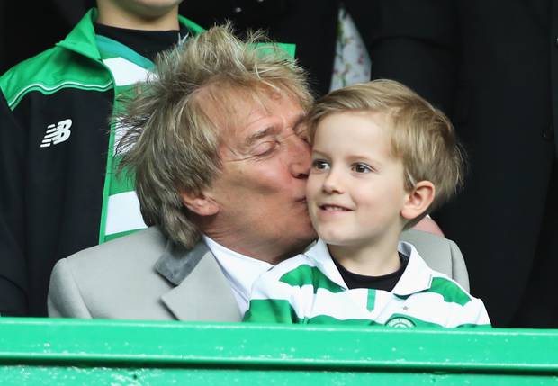 Rod Stewart kisses his son Aiden in the stands prior to the Ladbrokes Scottish Premiership match between Celtic and Rangers at Celtic Park on March 12, 2017 in Glasgow. Photo / Getty 