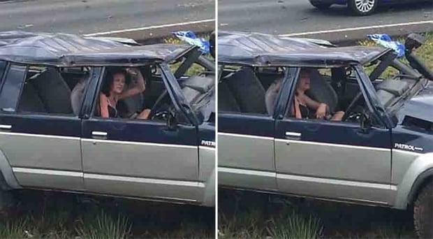 Filmed by a bystander attempting to help her following the crash, the woman (left and right) can be heard shouting 'get the f*** away from me' and 'I haven't done drugs in ages'. Photo / Facebook