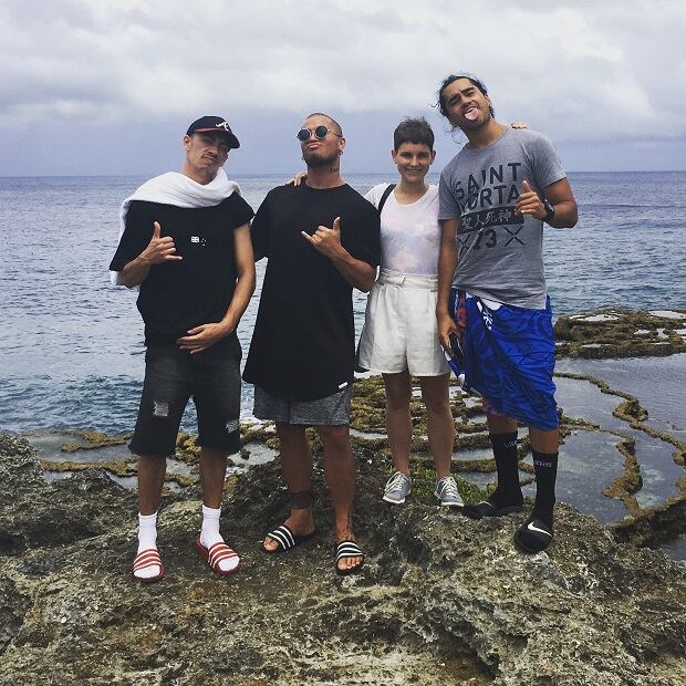 Herald writer Eleanor Barker with singer Stan Walker, Ben CJ and Tia Maipi in Tonga. Photo / Eleanor Barker