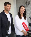 The couple as they talk to the media about the Prime Minister's pregnancy. Photo / Greg Bowker