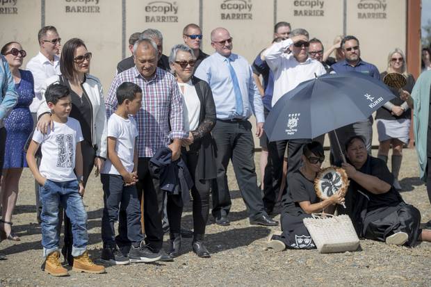 Nadene Lomu with her two sons, Brayley Lomu and Dhyreille Lomu and Jonah's mother Hepi Lomu at the naming of Jonah Lomu Drive, Paerata. Photo / Michael Craig