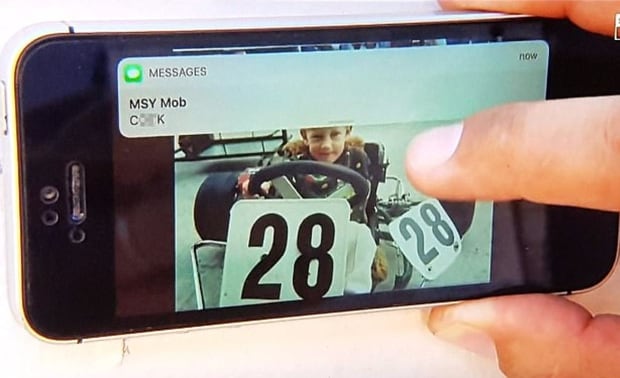 The rude message appeared above the image of Brendon Hartley as a young racer. 