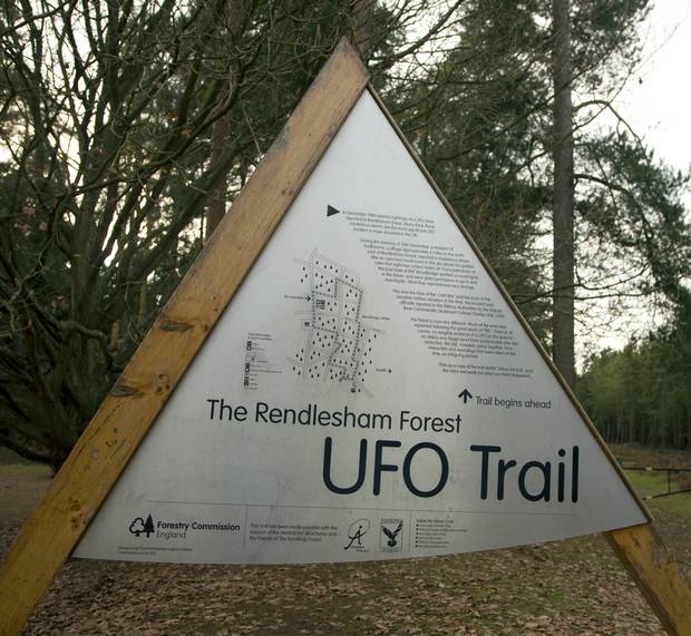 UFO trail sign at Rendlesham Forest, Suffolk, England. Photo / Getty Images