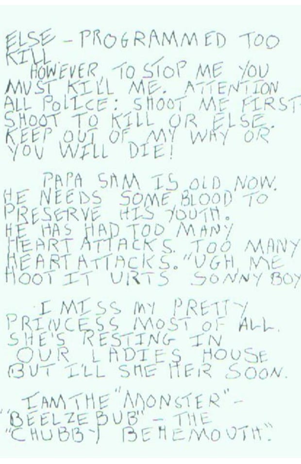 Another of Son of Sam's letters, addressed to New York Police Department captain Joseph Borrelli.