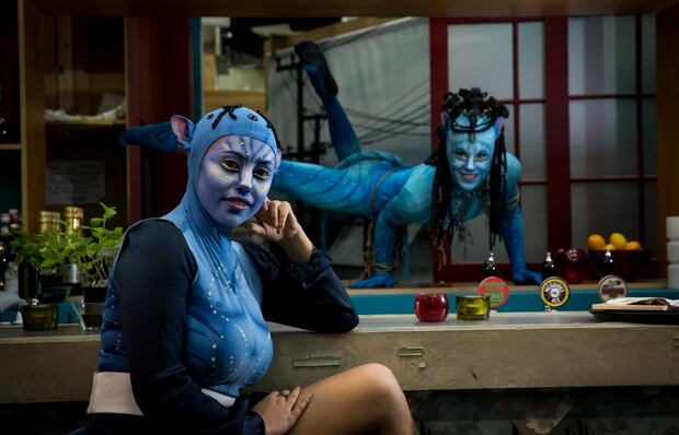 Shortland Street actor Ngahuia Piripi as a Na'Vi from Cirque du Soleil, on the Shorty set with performer Kristi Wade. Photo / Dean Purcell 