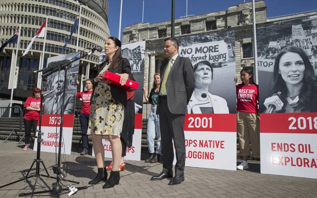 Prime Minister Jacinda Ardern, with Climate Change Minister James Shaw, speaking after receiving the End Oil petition from Greenpeace NZ at Parliament. Photo / Mark Mitchell