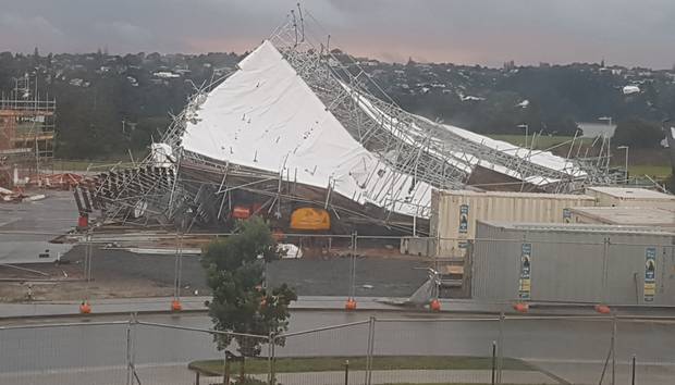 The scaffolding that came down in Hobsonville Point last night. Photo / Jason Robinson