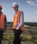 Mark Blanchard (left) with Brett Gliddon in front of the site works at the top of Moir Hill at the end of Moir Hill Rd, south of Warkworth. Photo / Nick Reed