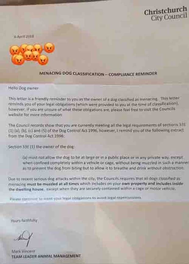 A number of Christchurch dog owners claim they received a letter from the Christchurch City Council telling them owners of 'menacing dogs' must keep their dogs muzzled - even in their own private home. Photo / Facebook