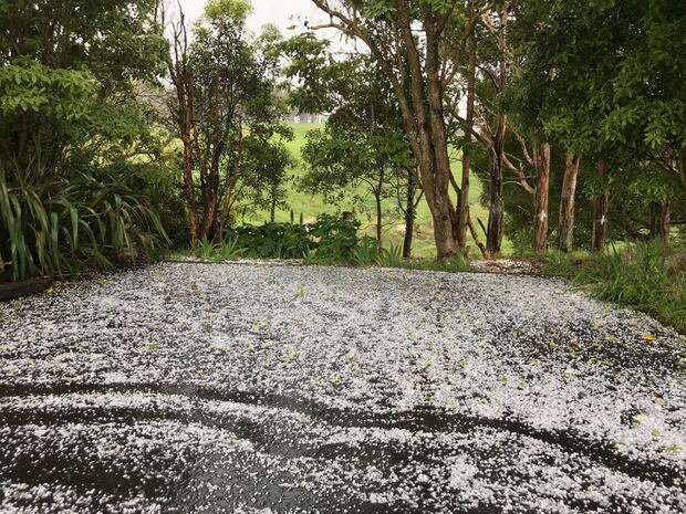 Heavy hail fell in Bombay Hills, south of Auckland today. Photo / Ruth Agnew