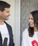 Clarke Gayford and Prime Minister Jacinda Ardern announce their pregnancy with their first child to media which is due in June. Photo / Greg Bowker