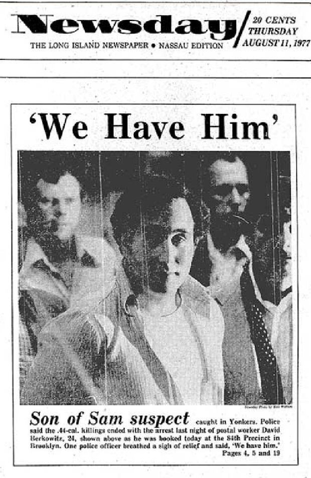 The front page of the Newsday newspaper after the arrest of David Berkowitz.