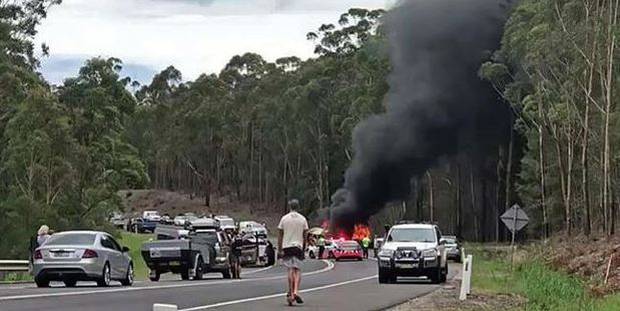 Three people were killed in a fiery crash at Mondayong between Sussex Inlet and Bendalong. Photo / Channel 7