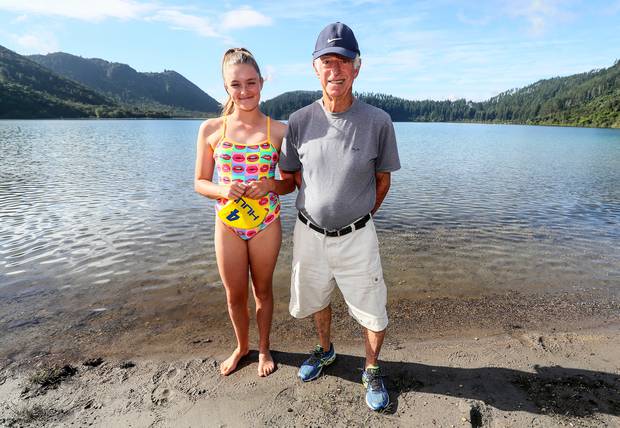 The youngest and oldest swimmers in the 3.3km 'I'm Going Long' race, Amber George (13) and Bob Goddard (82). Photo / Simon Watts