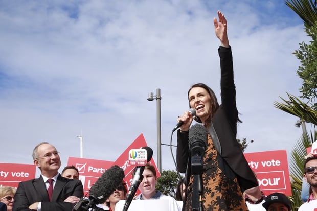 Labour leader Jacinda Ardern addresses a crowd in downtown Auckland, where she announced the party's transport plan for the city. Photo / Nick Reed