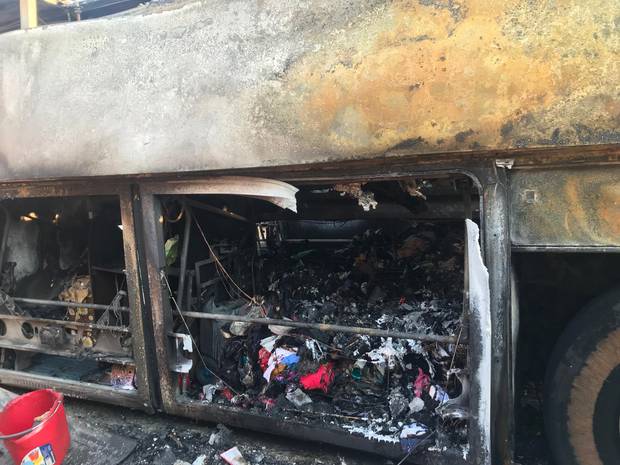 A bus carrying Kiwis and Australians to Anzac Cove went up in flames. Photo / Laura Smith