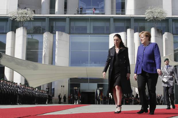 German Chancellor Angela Merkel, right, welcomes the Prime Minister of New Zealand Jacinda Ardern, center left, for a meeting at the chancellery in Berlin, Germany. Photo / AP