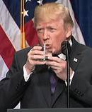 Donald Trump has sparked dementia concerns after he was spotted drinking water with two hands like a small child. Photo / The White House