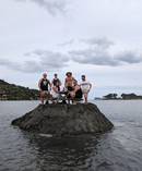 Part of the team that built the sand island. From left - Fussell, Spruce, Leon Hayward, Shaun. Sitting - JP and Marc.
