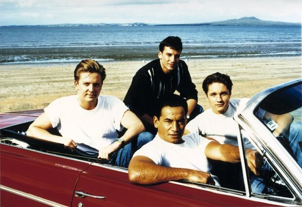 Martin Henderson in the early days of Shortland Street, with L-R Michael Galvin, Craig Parker and Temuera Morrison. Photo / Supplied