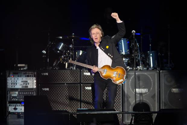 Sir Paul McCartney gets the crowd pumping at Mt Smart Stadium. Picture / Chris Loufte