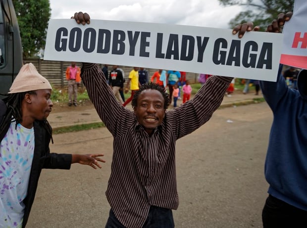 A protester demanding that President Robert Mugabe stands down carries a placard referring to Mugabe's wife Grace Mugabe. Photo / AP