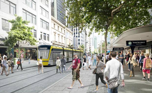 How light rail could look on Queen Street, central Auckland.
