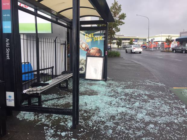 Bus shelter damaged on Great North Rd, Grey Lynn, Auckland, during the storm. 