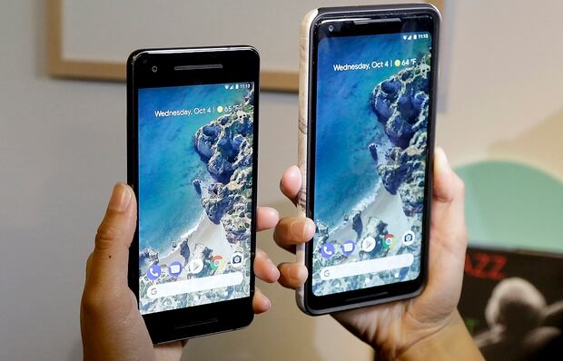 Google's 5-inch Pixel 2 phone (left) next to the 6-inch Pixel 2 XL. Photo / AP