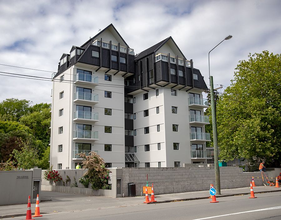An iconic eight-storey residential apartment building in Christchurch was re-levelled and seismically strengthened through ground remediation works using JOG Computer-Controlled Grouting. Photo / Supplied.