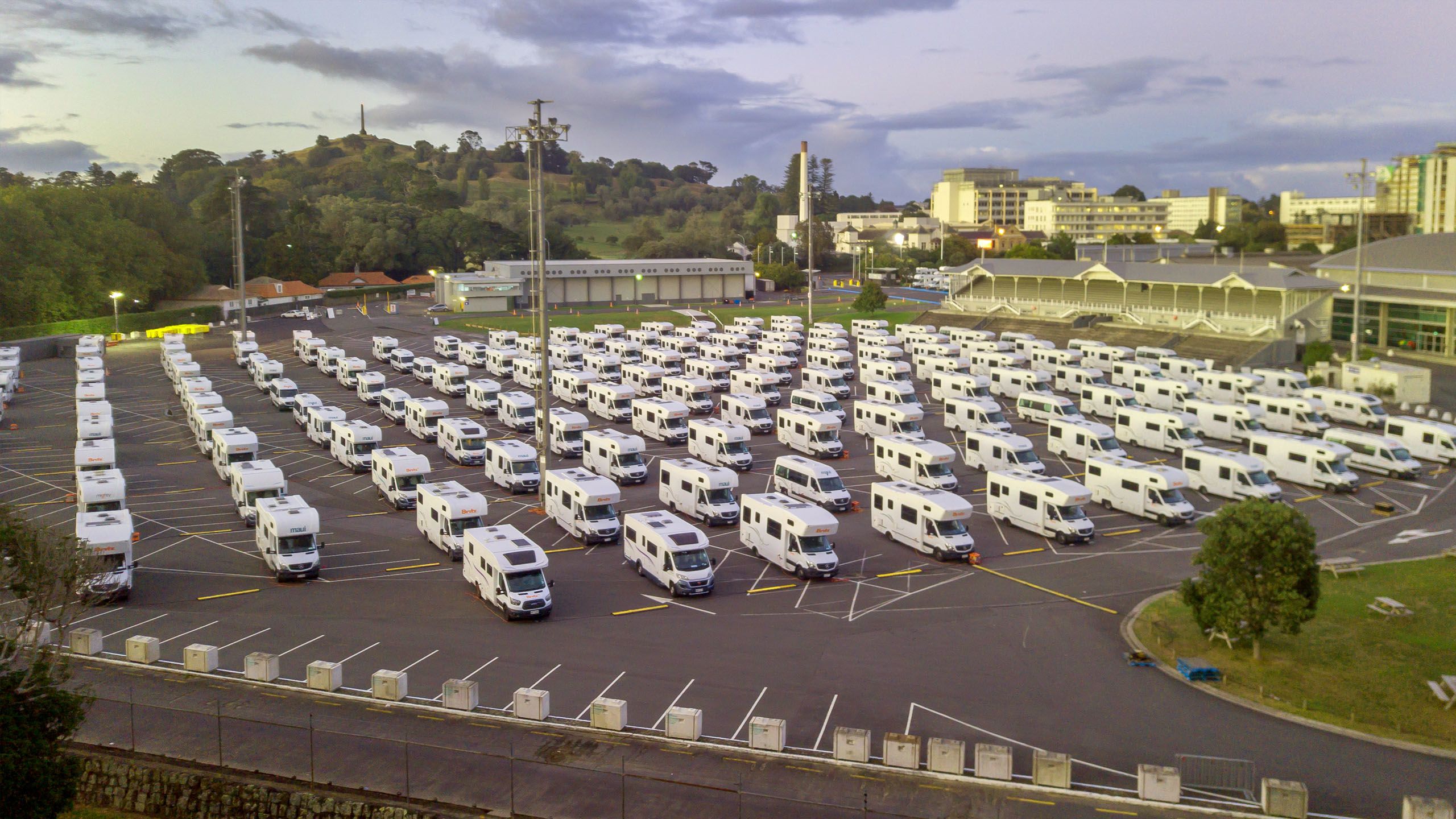 Campervan city: The vehicles were parked at ASB Showgrounds for those with nowhere to self-isolate. Photo / Peter Meecham