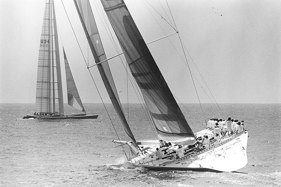 Stars and Stripes and KZ1 in a close tacking duel during the early stages of the 1988 America's Cup race off San Diego. Photo / New Zealand Herald