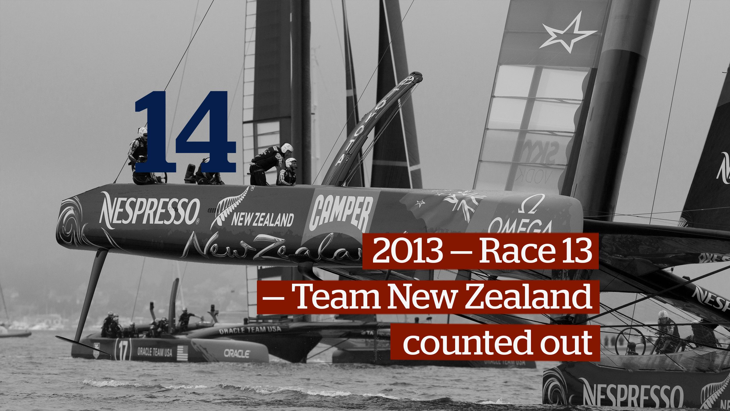 Team New Zealand leads Oracle Team USA, during Race 13 which was abandoned because a lack of wind and time on San Francisco Bay, San Francisco, California. 20 September 2013. New Zealand Herald Photograph by Brett Phibbs