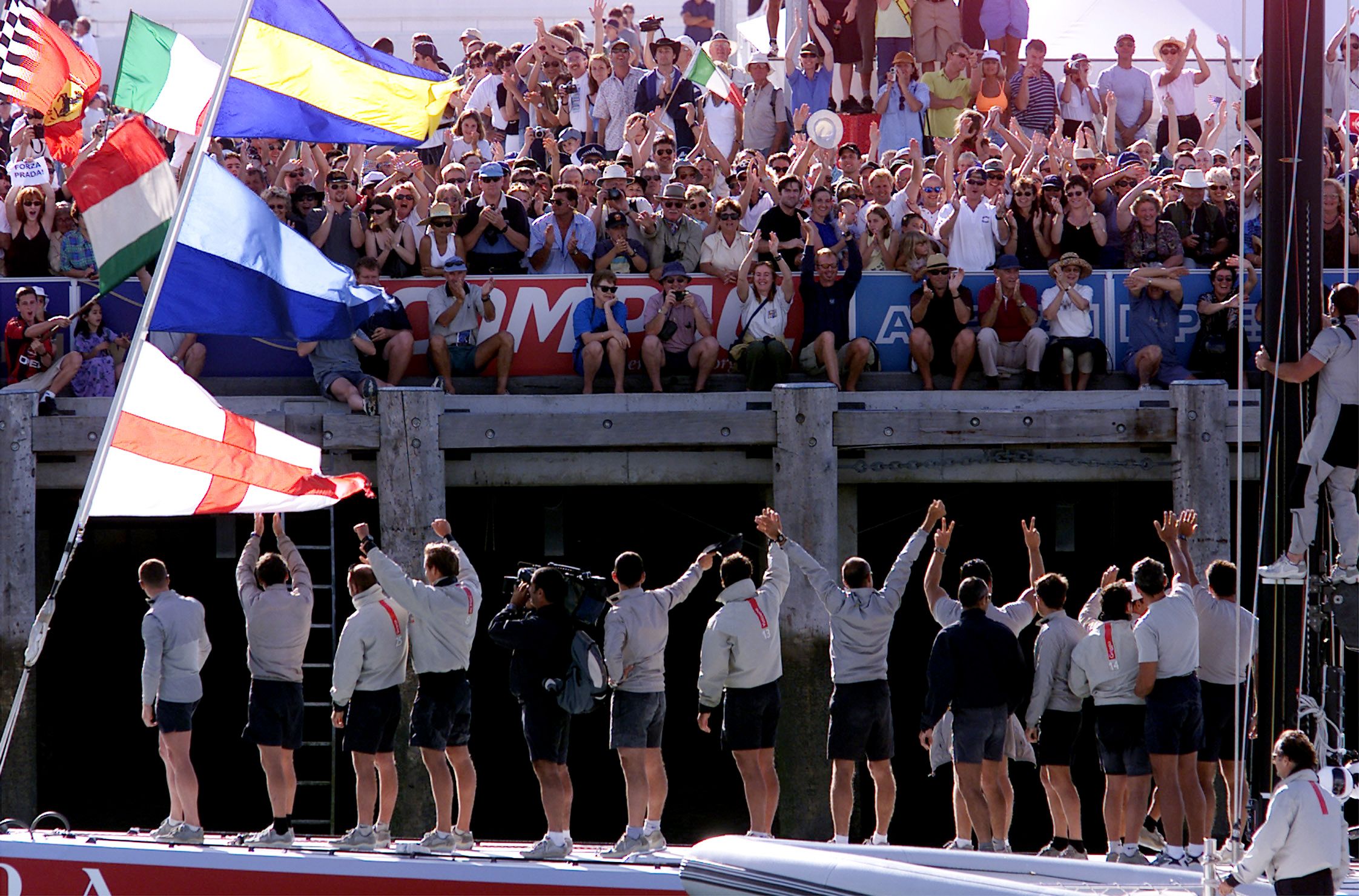 The Prada Challenge enters the Viaduct after they won the final race against AmericaOne for the 2000 Louis Vuitton Cup on Sunday. Photo / Brett Phibbs, New Zealand Herald