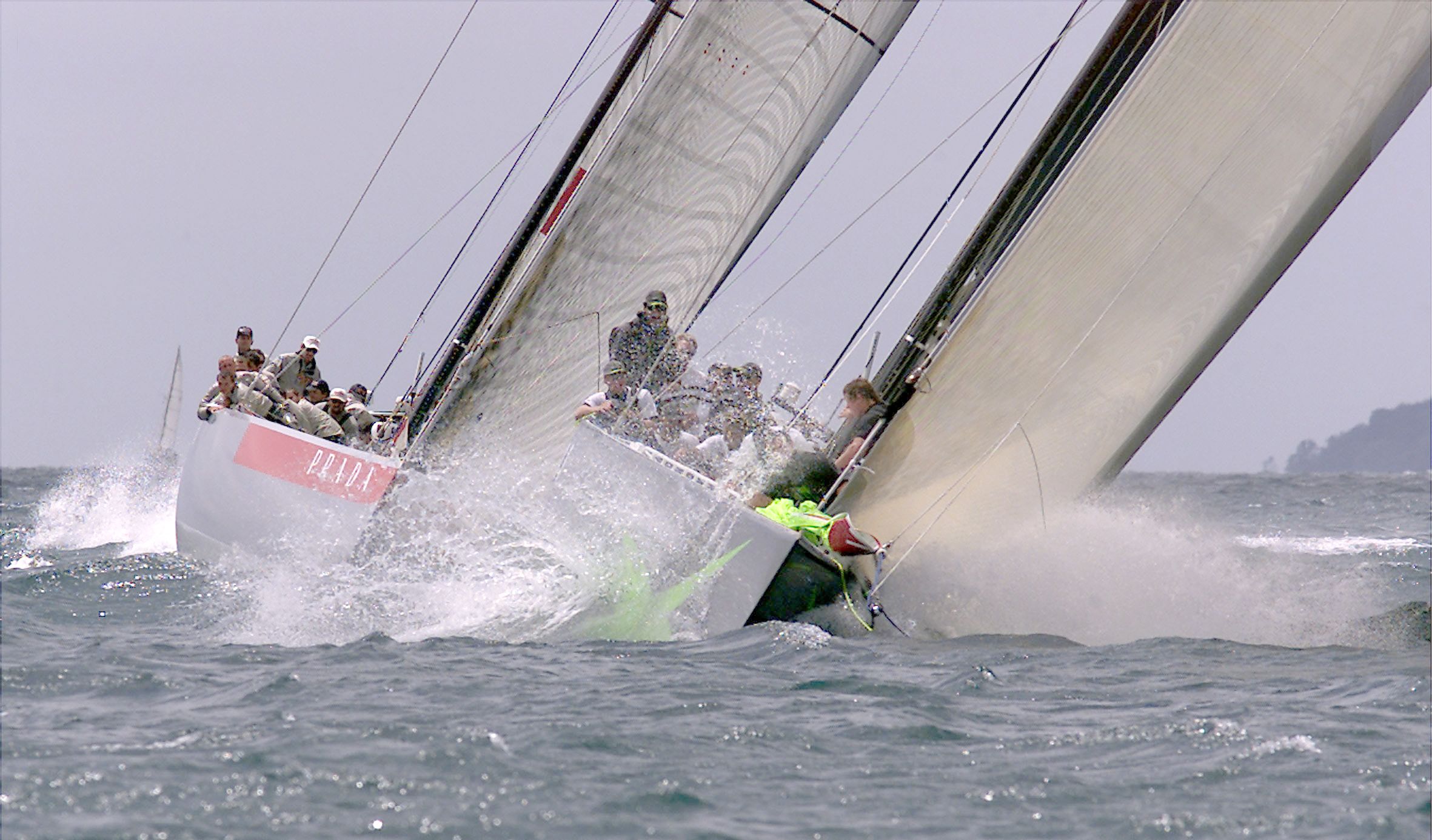 Prada yacht Luna Rossa trails AmericaOne during their clash in race 5 of the 2000 Finals of The Louis Vuitton Cup on the Hauraki Gulf. Photo / Brett Phibbs, New Zealand Herald