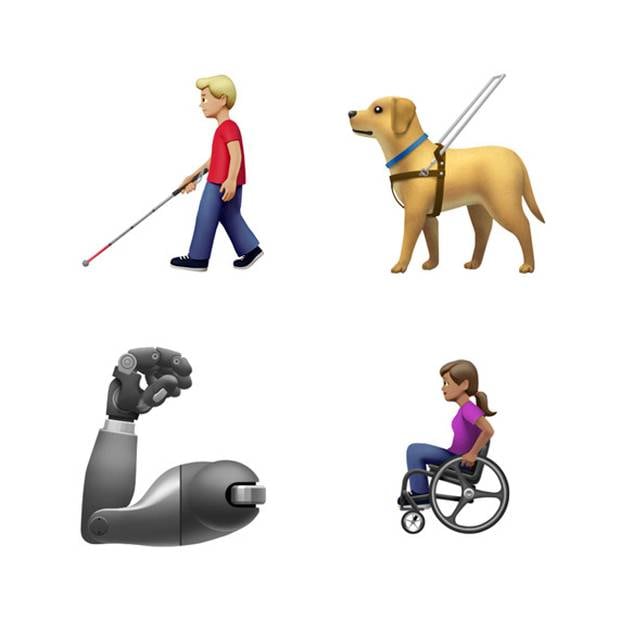 Apple has introduced more disability-themed emojis including a new guide dog, an ear with a hearing aid, wheelchairs, a prosthetic arm and a prosthetic leg. Photo / Apple