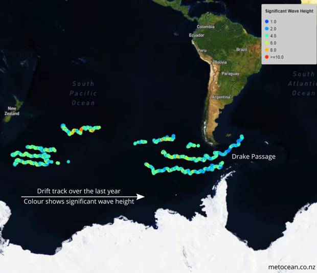 This map illustrates the buoys' 6500km drift across the bottom of the world. Image / MetOcean Solutions