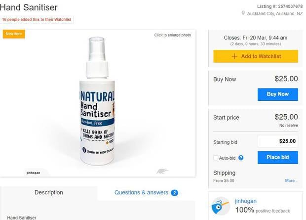 A person is currently selling a bottle of hand sanitiser for $25 on TradeMe. Image / TradeMe