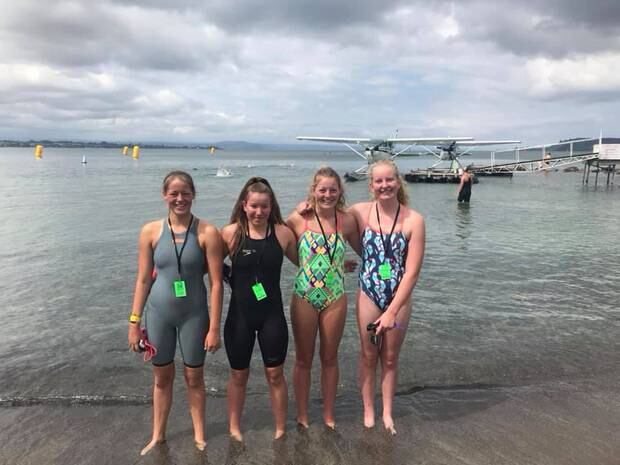 The 16 years and younger 4x1km relay gold medal winners Emily Spear (left), Annelyse Cowie, Molly Sinclair and Jasmine Hagan. Photo / Supplied