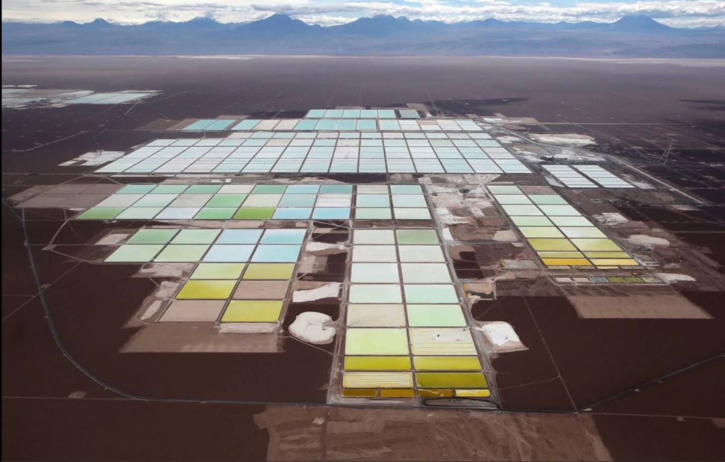 An aerial view of the brine pools and processing areas of a lithium mine in northern Chile, currently known to have the world's largest supplies. Photo / Twitter 