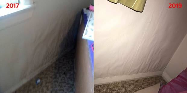 Water damage to the walls shown during Glynn Redshaw and Kelly Lunam's tenancy in 2017, and Jaz's in 2019. Photos / Supplied