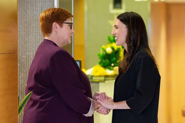 Jacinda Ardern greets Australian Foreign Affairs Minister Marise Payne at Parliament this week. Photo / Getty 