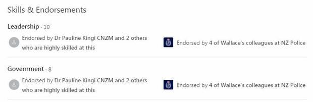 An endorsement by Pauline Kingi's LinkedIn account on Wally Haumaha's profile. Photo / Supplied.