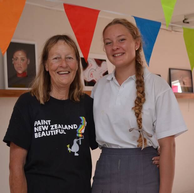 In the youth exhibition New Aotearoa, are tutor and Art Society President Rei Hendry with Youth Councillor Ara Molijn. Picture / Paul Brooks